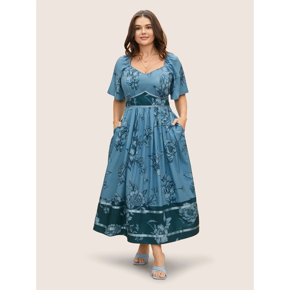 Bloomchic Boho Print Heart Neckline Ruffle Sleeve Maxi Dress - Cerulean - 10/M